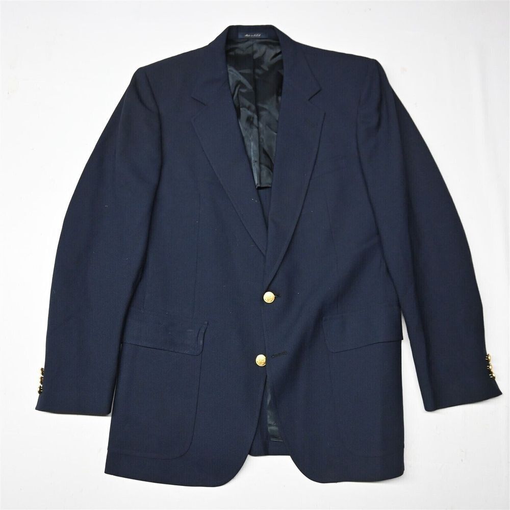 Vtg‎ Stanley Blacker 42L Navy Hopsack USA Made Gold Button Blazer Sport Jacket